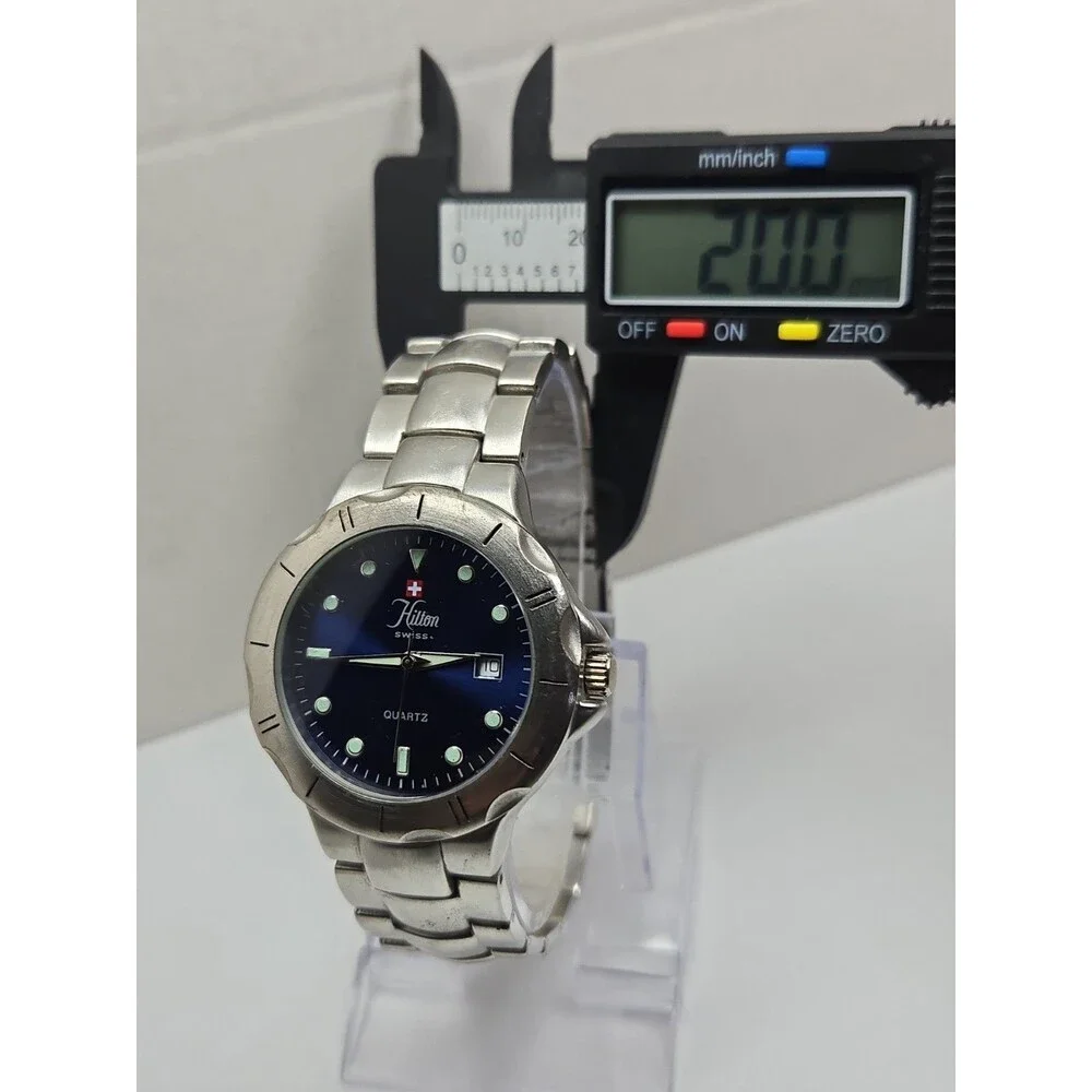 Hilton Swiss Mens Blue Dial Quartz Silver Bracelet Date Sports Watch New Battery